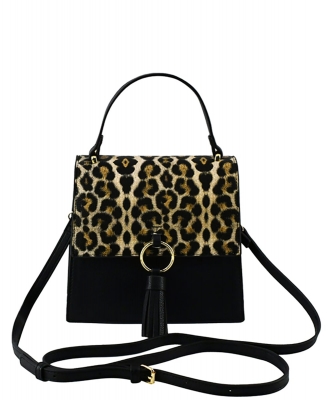 Fashion Ring Tassel Flap Crossbody Satchel PF706 BLACK LEOPARD/